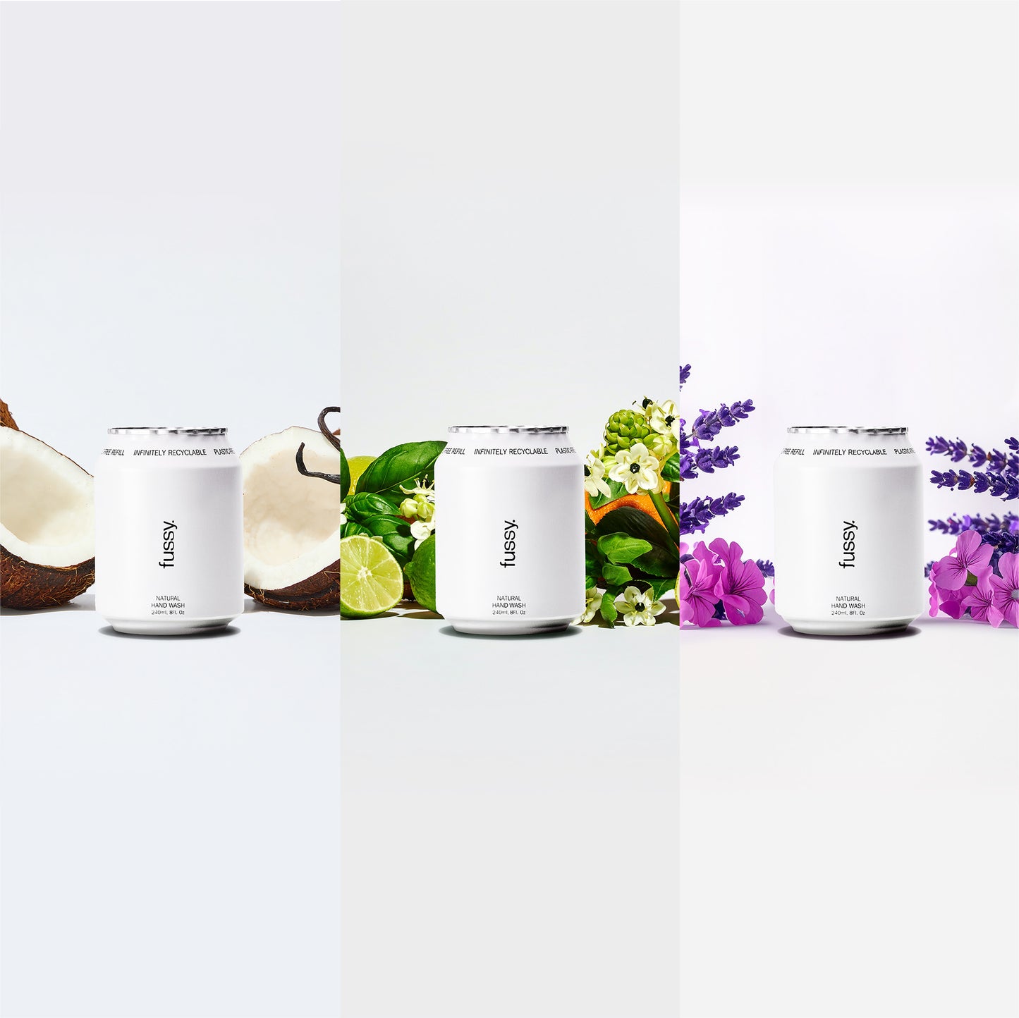 Fussy's Hand Wash Variety Refill Pack - showing a display of three of their best-smelling Hand Wash scents - Coconut Milk, Tropic Tonic and Lavender Fields