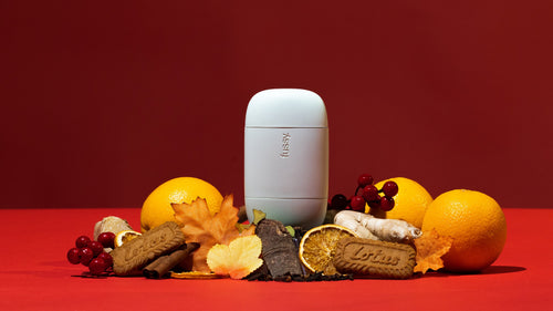 Fussy's limited edition Christmas scent displat with a Mint Green Fussy deodorant case, set amongst oranges, dried citrus slices, ginger, biscuits and autumn leaves, againat a red background.
